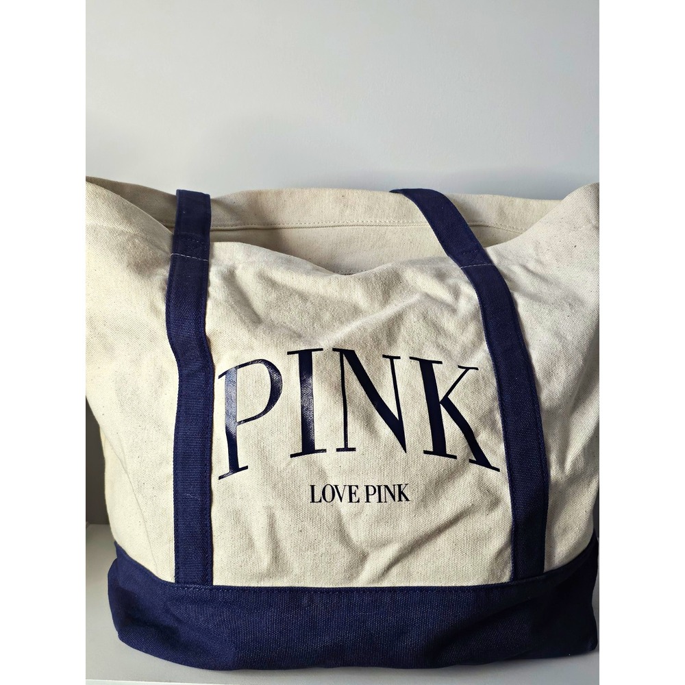 PINK Beige/Navy Logo Tote, Zip Closure, Double Handles, Lined, Inner Pockets